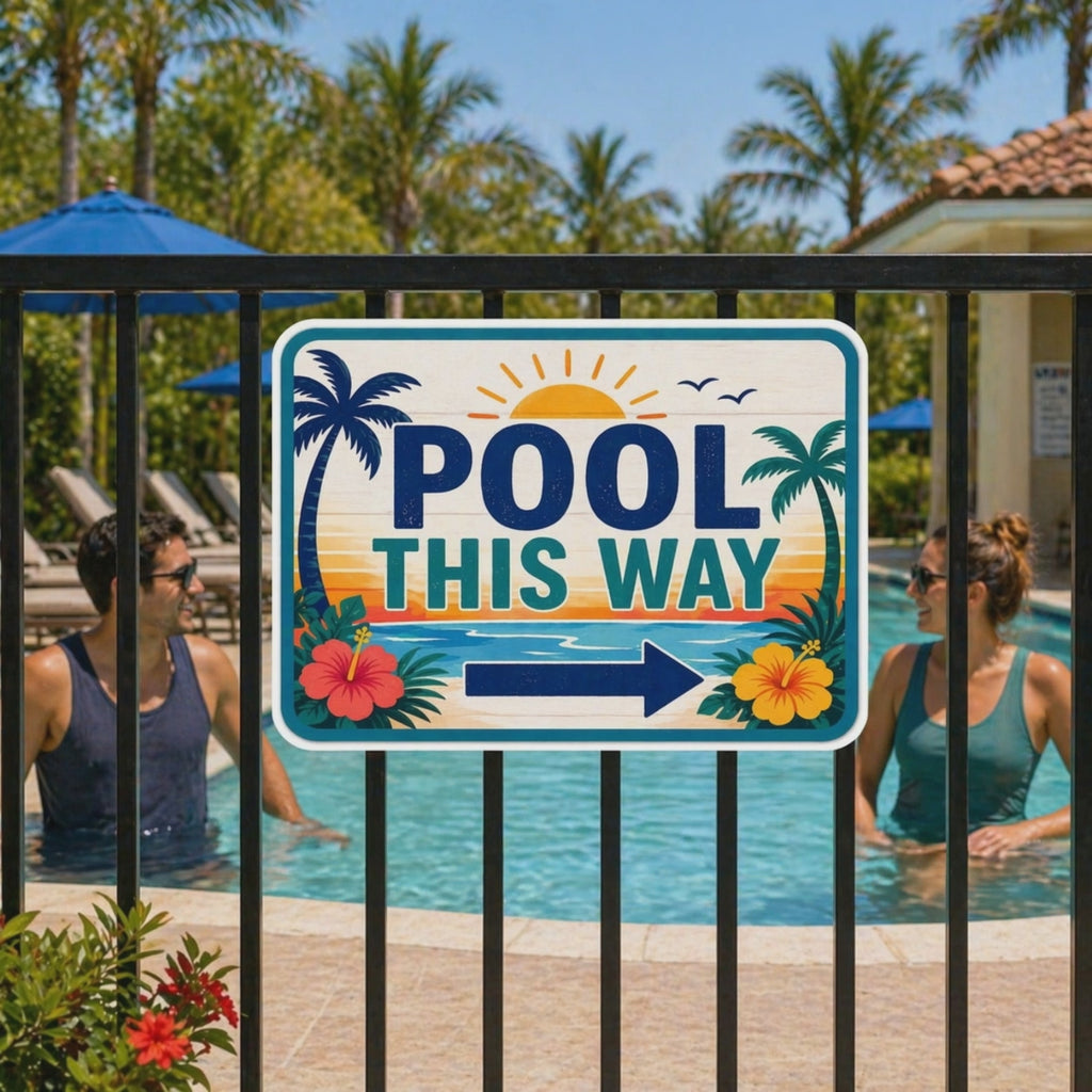 Pool This Way Sign | 13x19 Laminated Tropical Pool Decor | Palm Tree Poolside Summer Patio Wall Art