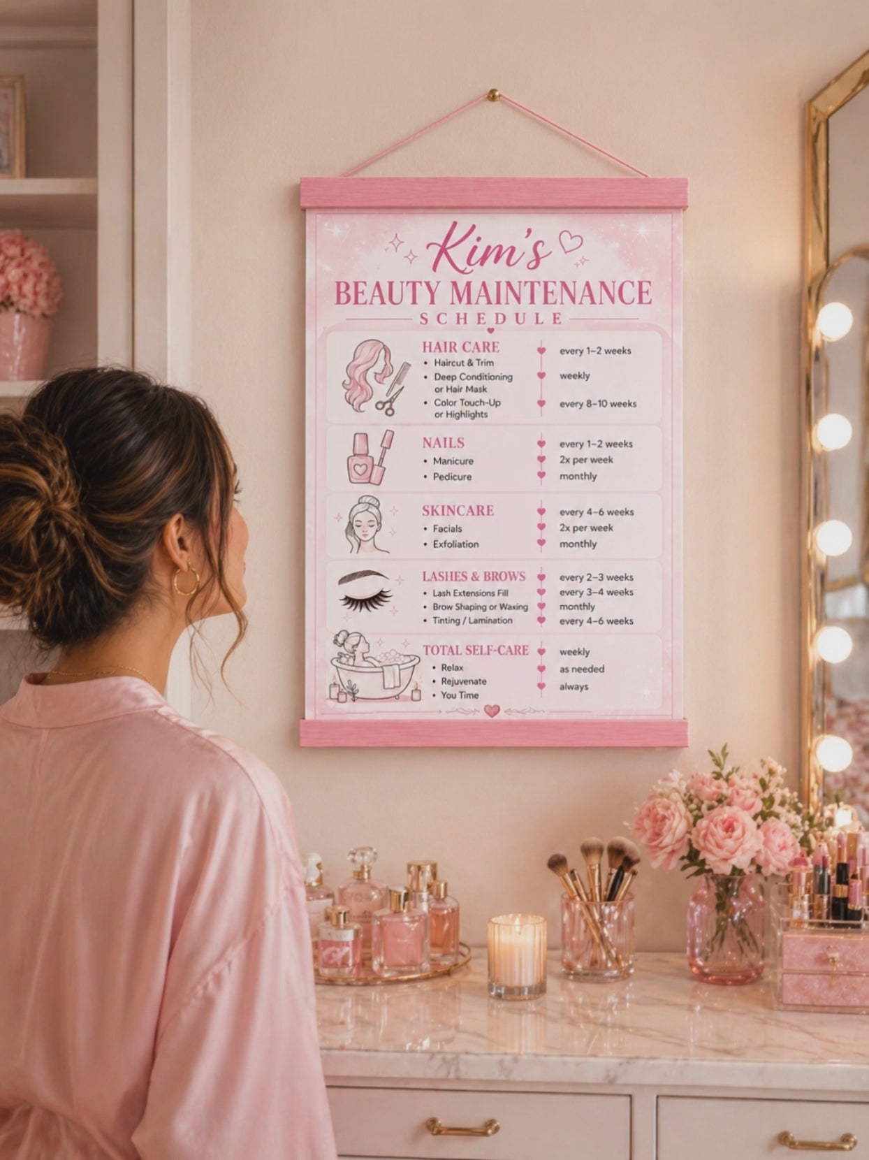 Personalized Beauty Maintenance Schedule Sign | Pink Self Care Wall Decor | Custom Beauty Routine Poster | Girly Bathroom Decor | Laminated Print