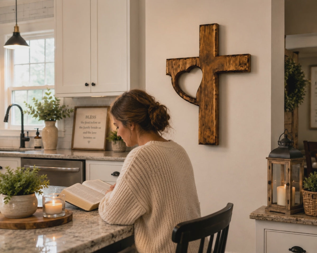 Handmade Wooden Cross Wall Decor with Heart Cutout | Rustic Christian Wall Art | Luxury Farmhouse Faith Decor 12x18