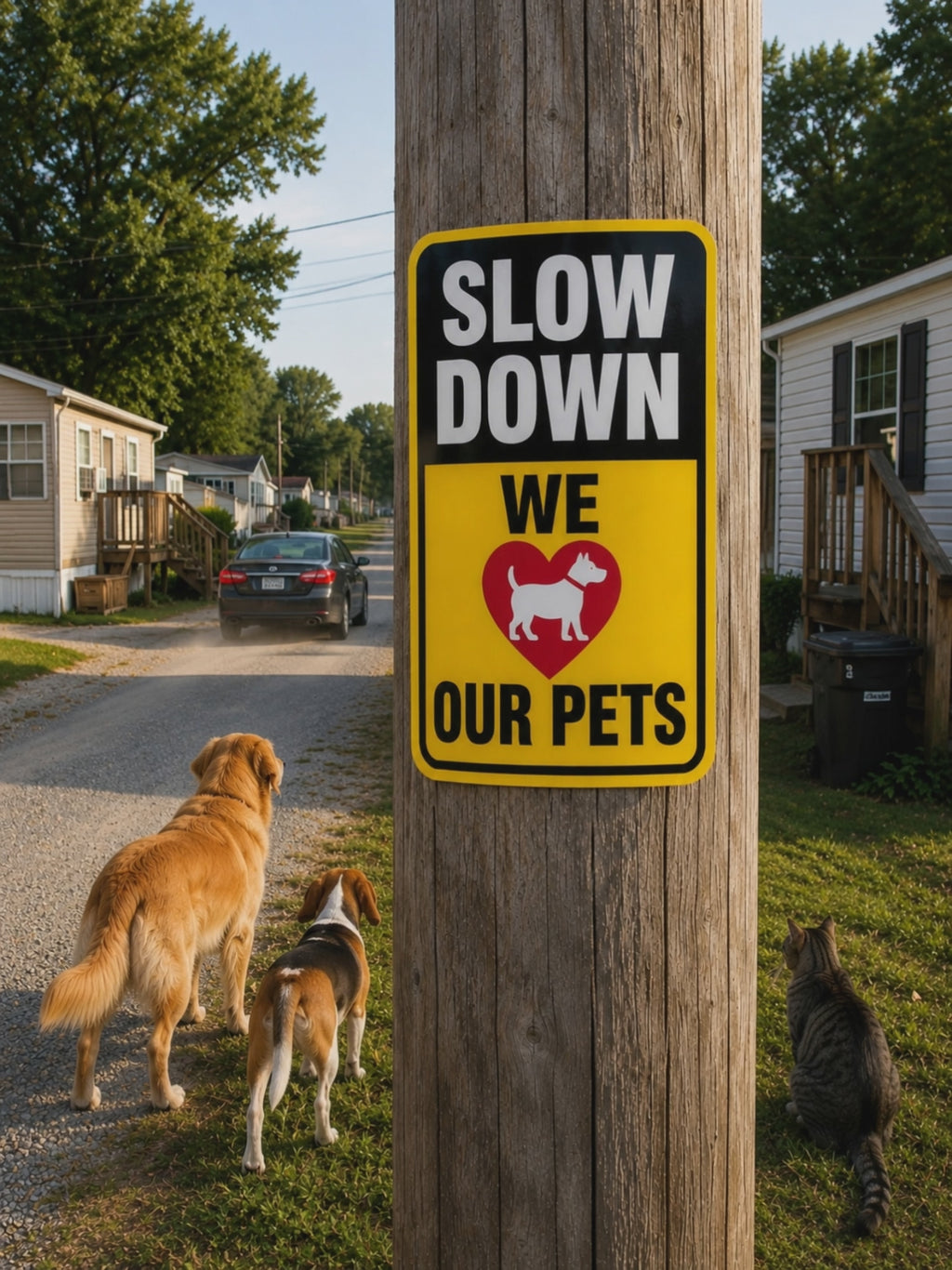 Slow Down We Love Our Pets Sign Laminated 13x19 | Pet Safety Yard Sign | Dog Lover Wall Decor | Funny Outdoor Warning Sign