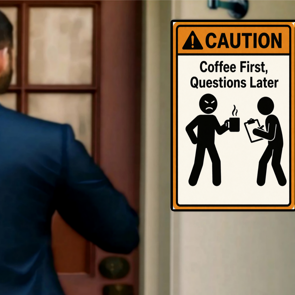 Coffee First Questions Later Funny Morning Sign Humor Kitchen Decor 13x19 Laminated Weather Sealed Wall Art