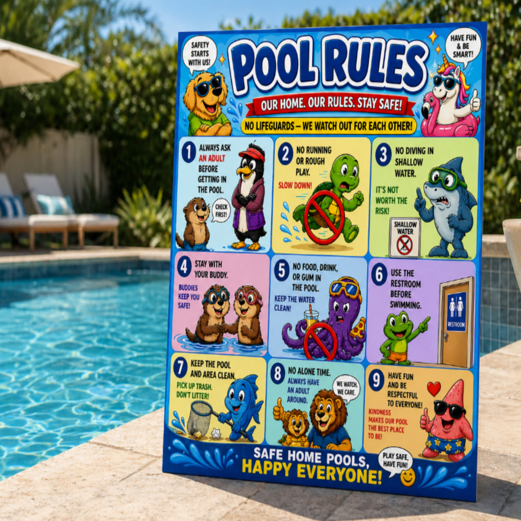 Kids Pool Rules Sign 13x19 Laminated Pool Safety Poster Cartoon Swimming Rules Decor Backyard Family Pool Wall Art