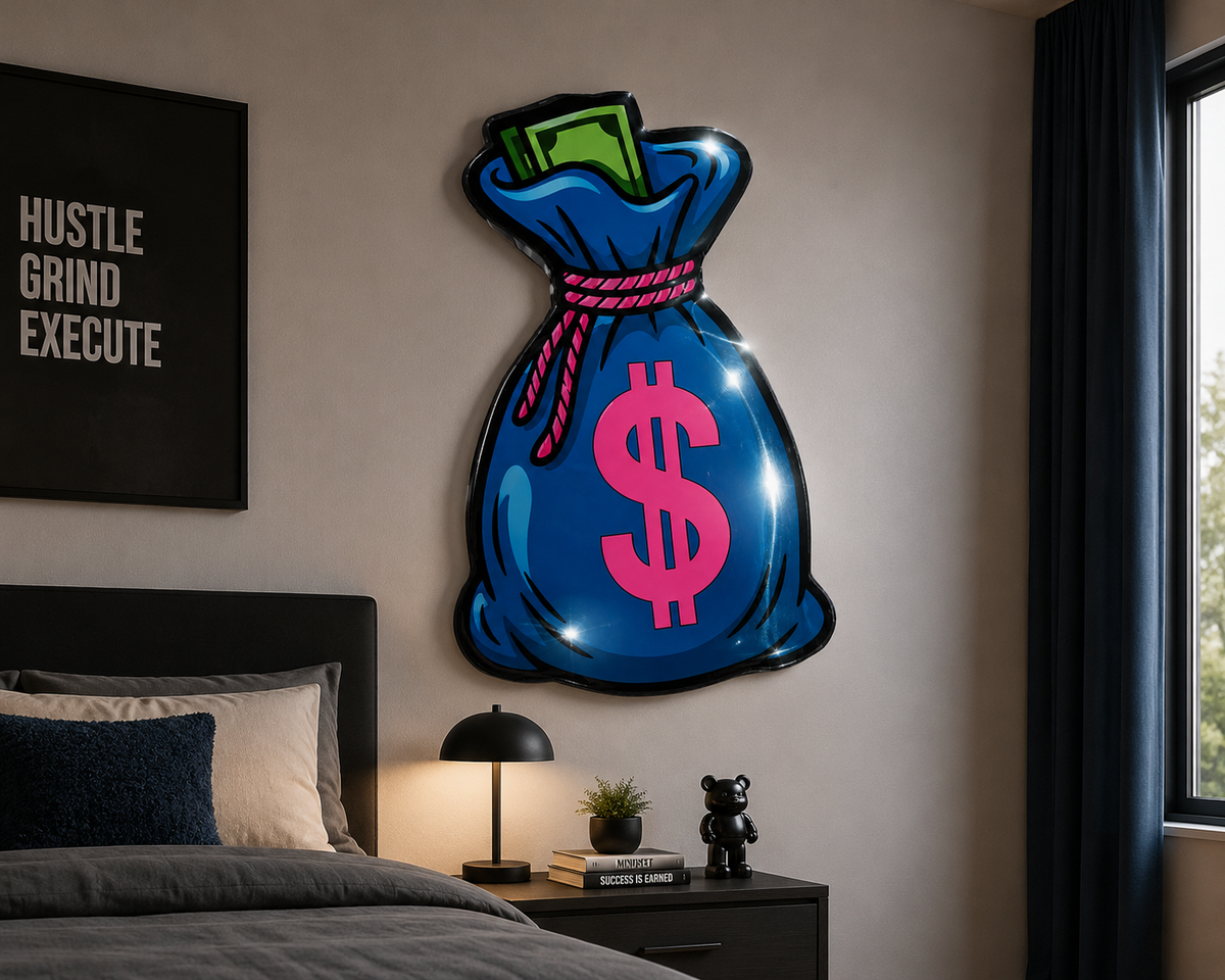 Real Wood Money Bag Wall Art | 12x18 Motivational Office Decor | Glossy Wall Sign | Hustle Mindset Business Decor