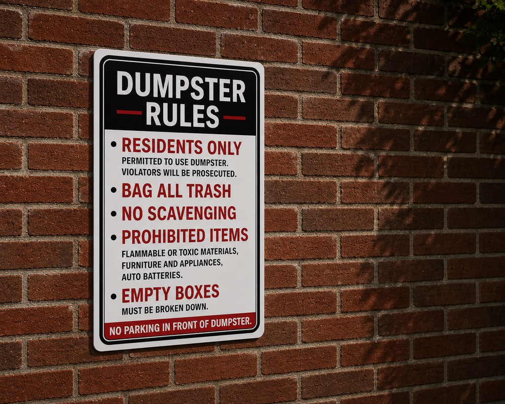 Dumpster Rules Sign Laminated 13x19 | Apartment Dumpster Rules Sign | Property Management Wall Sign | Trash Area Rules Decor