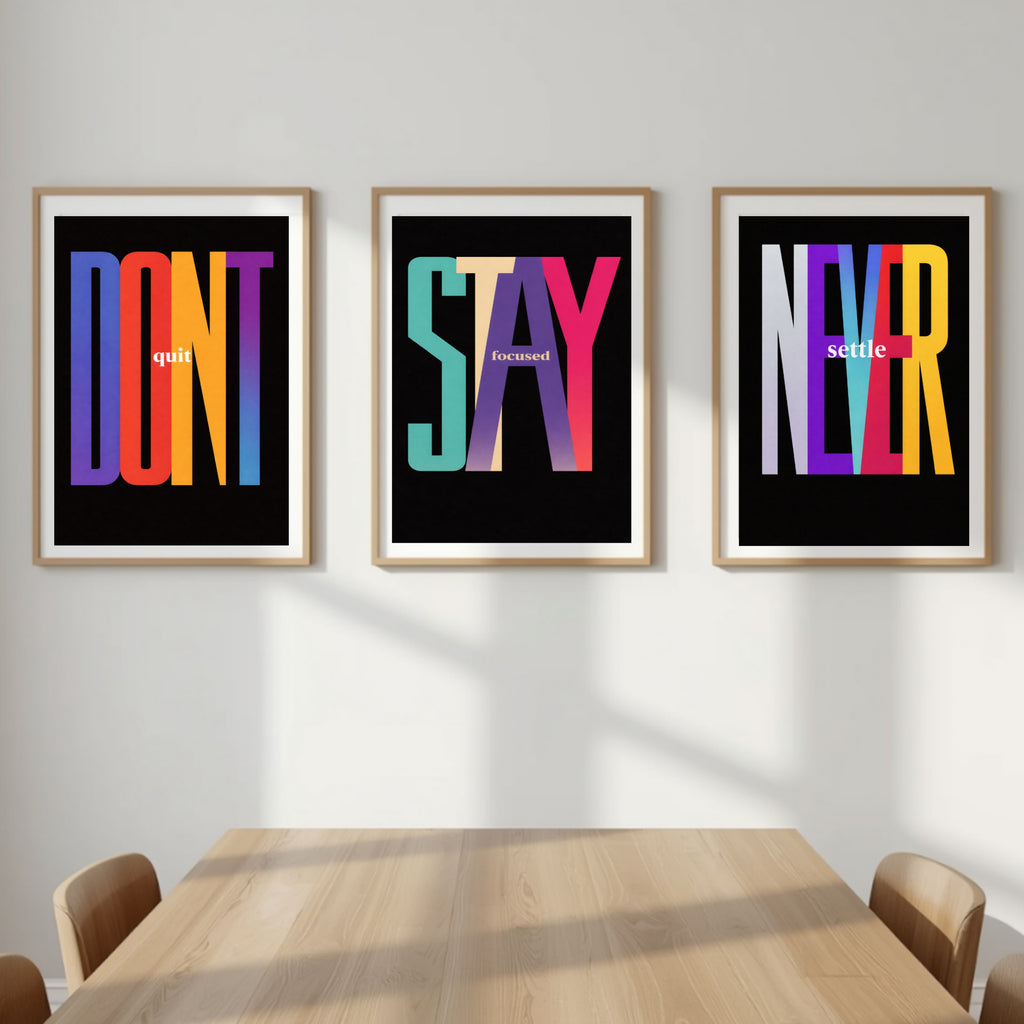 Never Settle Stay Focused Don’t Quit Wall Art Set Colorful Motivational Typography Prints 13x19 Laminated
