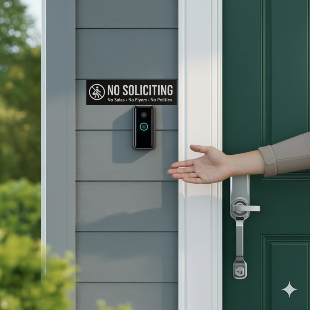 No Soliciting Sign Modern Door Sign  4x6in Laminated Aluminum Backing backing Home Security Warning Sign Minimalist Decor