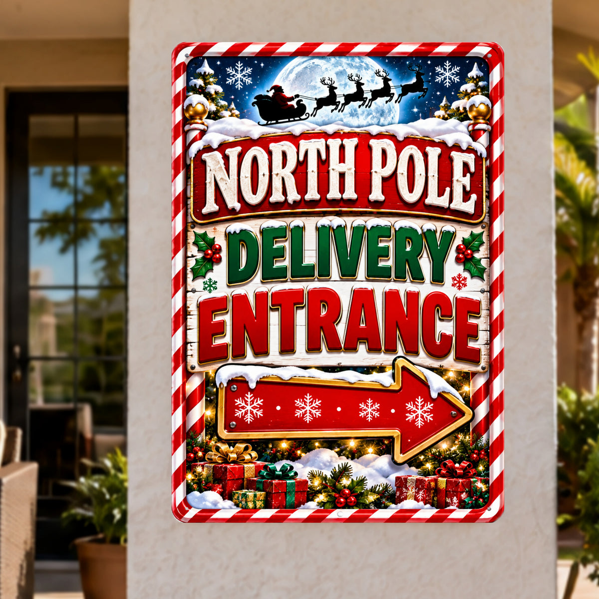 North Pole Delivery Entrance Sign, 13x19 Laminated Santa Christmas Holiday Decor