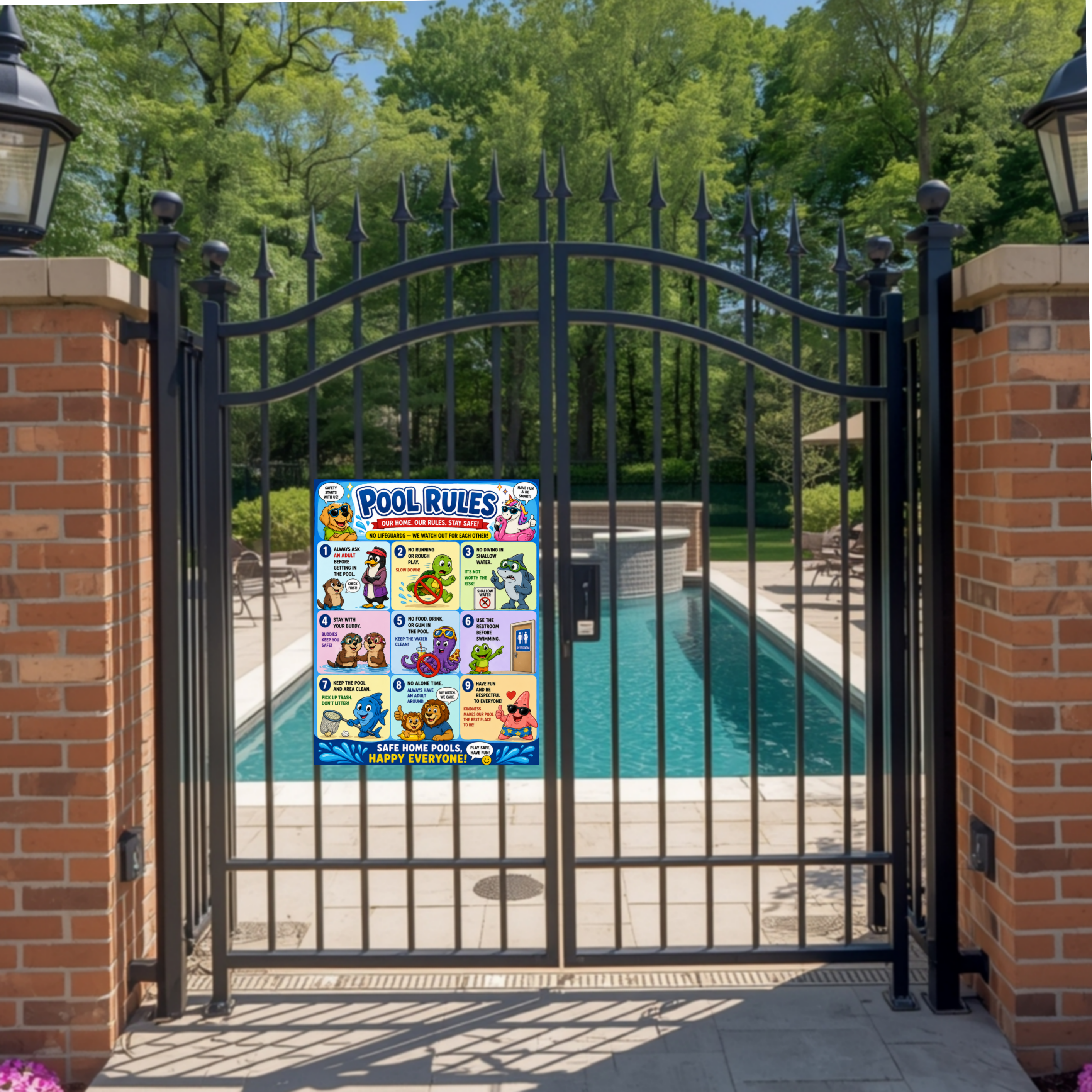 Kids Pool Rules Sign 13x19 Laminated Pool Safety Poster Cartoon Swimming Rules Decor Backyard Family Pool Wall Art