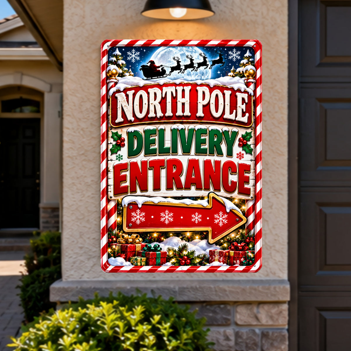 North Pole Delivery Entrance Sign, 13x19 Laminated Santa Christmas Holiday Decor