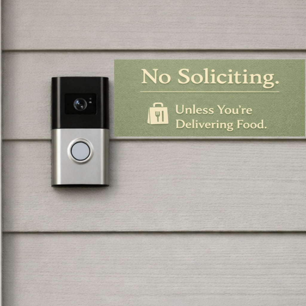 NO SOLICITING UNLESS YOU'RE DELIVERING FOOD, LAMINATED, ALUMINUM BACKING 4X6
