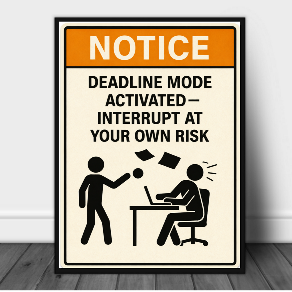 Deadline Mode Activated Funny Notice Sign 13x19 Laminated Print Office Humor Work Warning Sign Productivity Decor Gift
