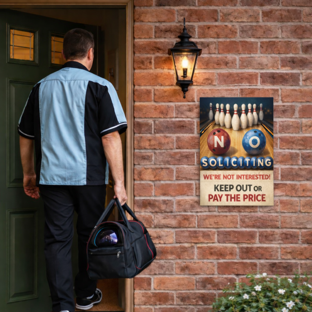 No Soliciting Bowling Sign Funny Door Sign Keep Out Or Pay The Price 13x19 Laminated Home Security Yard Sign Funny Warning Decor