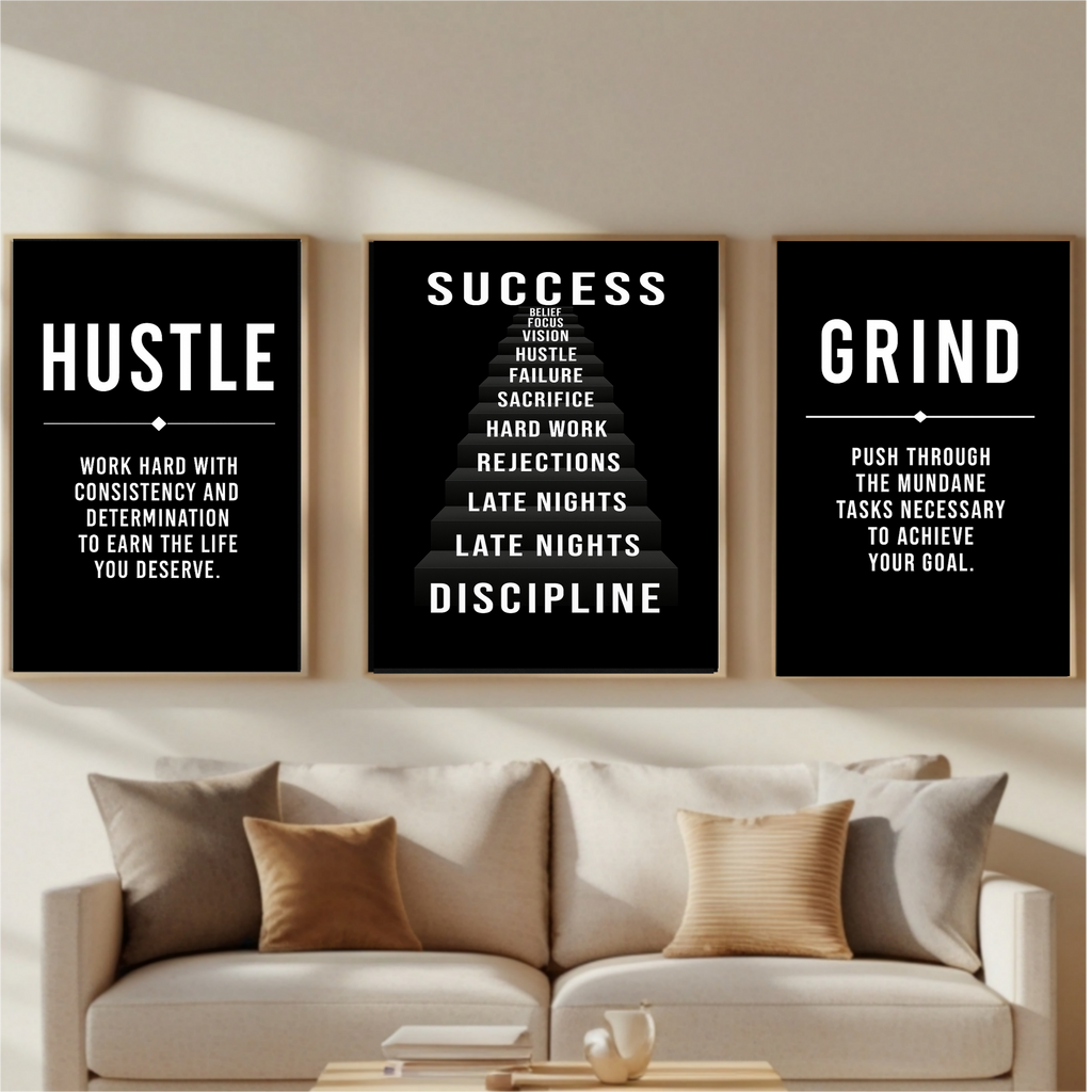 Hustle Success Grind Wall Art Set Motivational Posters Black Office Decor Entrepreneur Mindset Prints 13x19  Laminated