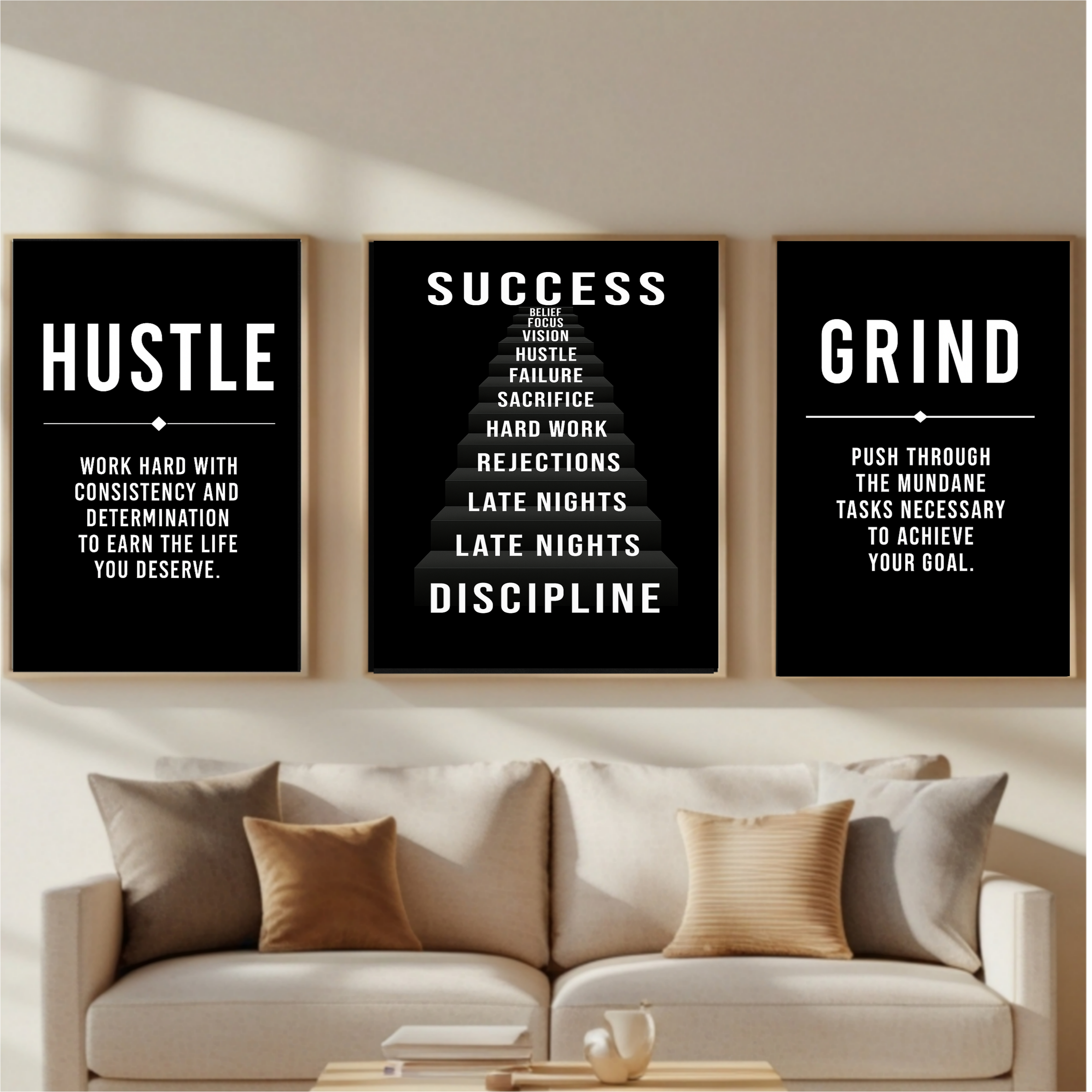 Hustle Success Grind Wall Art Set Motivational Posters Black Office Decor Entrepreneur Mindset Prints 13x19  Laminated
