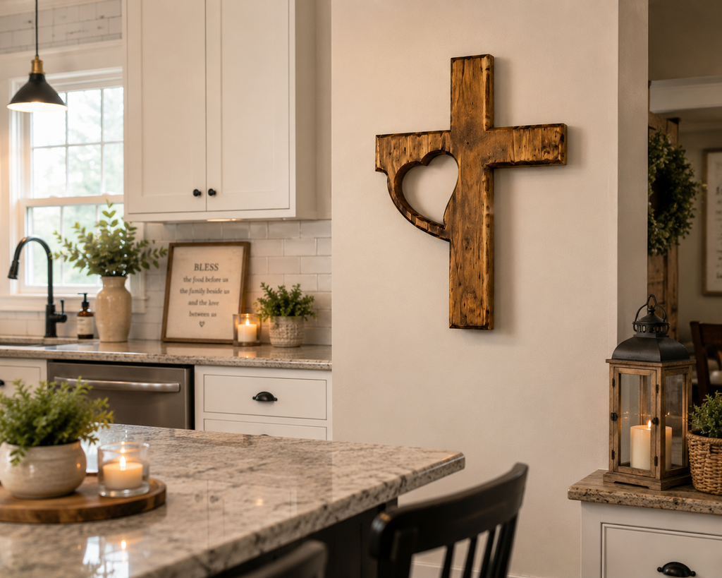 Handmade Wooden Cross Wall Decor with Heart Cutout | Rustic Christian Wall Art | Luxury Farmhouse Faith Decor 12x18