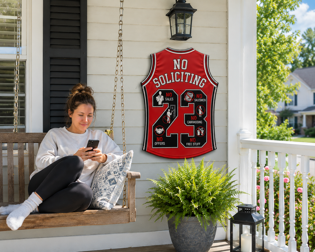 No Soliciting Jersey Sign 19x13in | Laminated Wooden Door Sign | Weather Sealed Sports Style Wall Decor | Cut Out Jersey Sign