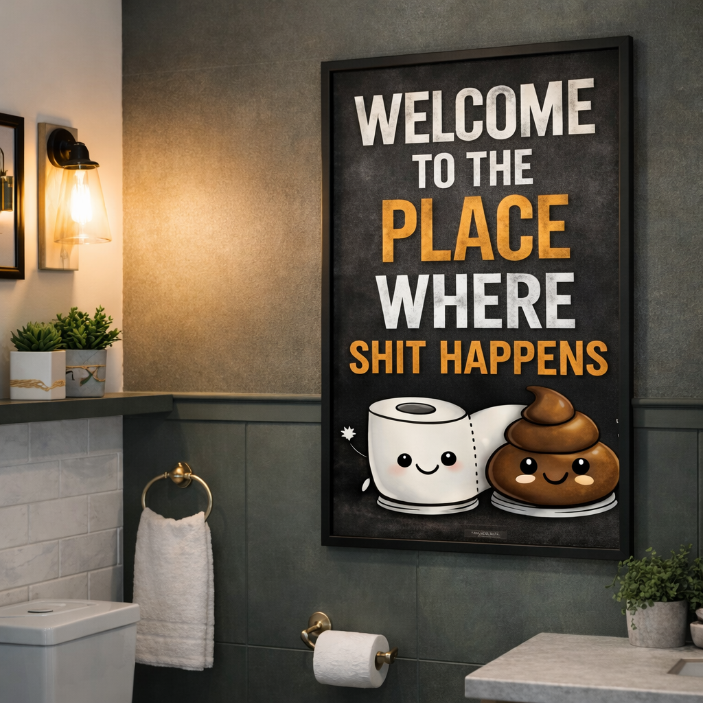 Funny Bathroom Sign Where Shit Happens Humor Wall Art 13x19 Laminated Bathroom Decor Toilet Humor Sign