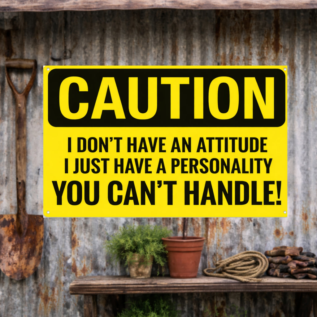 Funny Caution Sign – “I Don’t Have an Attitude, I Have a Personality You Can’t Handle” | Bold Humor Wall Art (13x19)