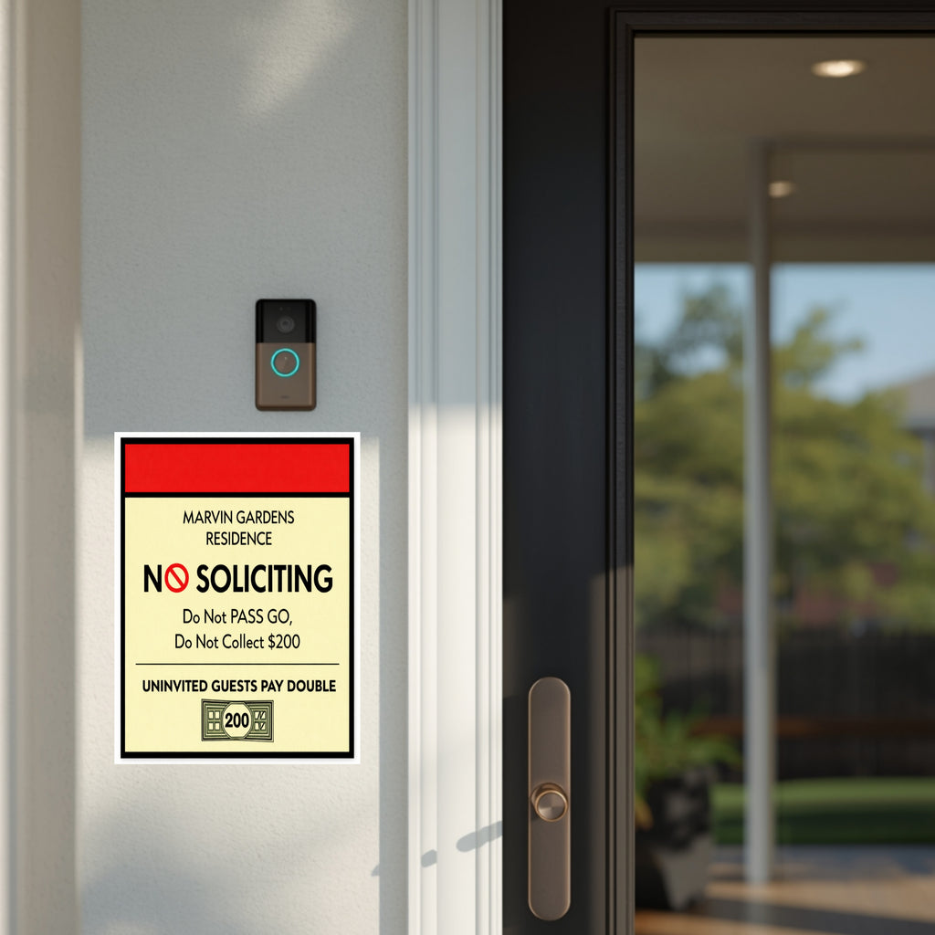 Marvin Gardens No Soliciting Sign – Monopoly Style Door Sign | “Do Not Pass Go, Do Not Collect $200” | Funny Entry Sign