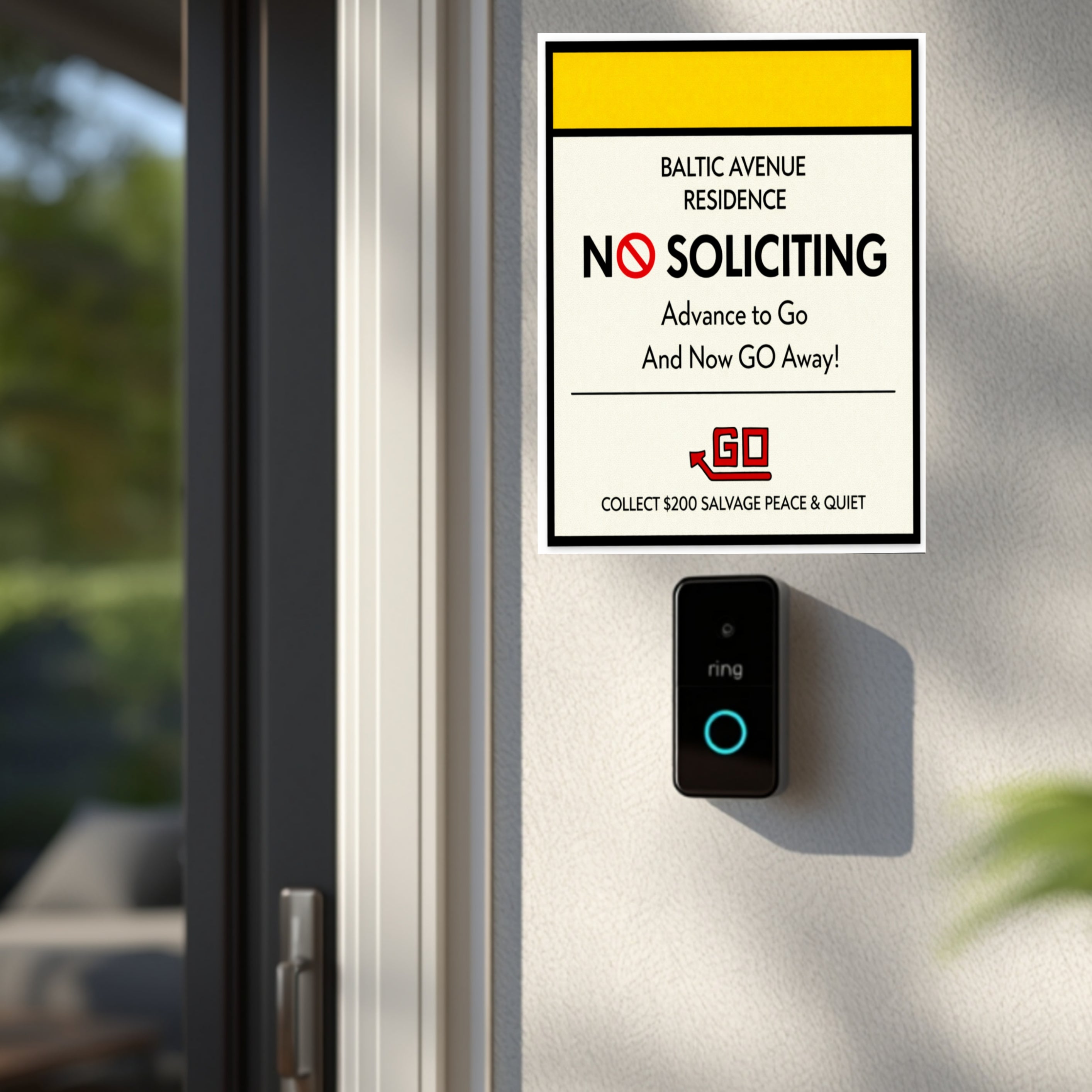 Baltic Avenue No Soliciting Sign – Funny Monopoly Inspired Door Sign | “Advance to Go… Now Go Away” | 6x9 or 4x9