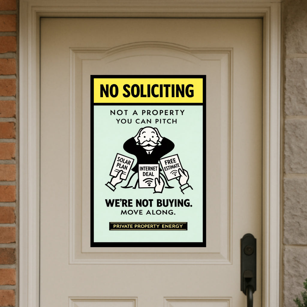 No Soliciting We’re Not Buying Sign Funny Door Sign Salesman Warning Sign 13x19 Laminated Home Protection Decor