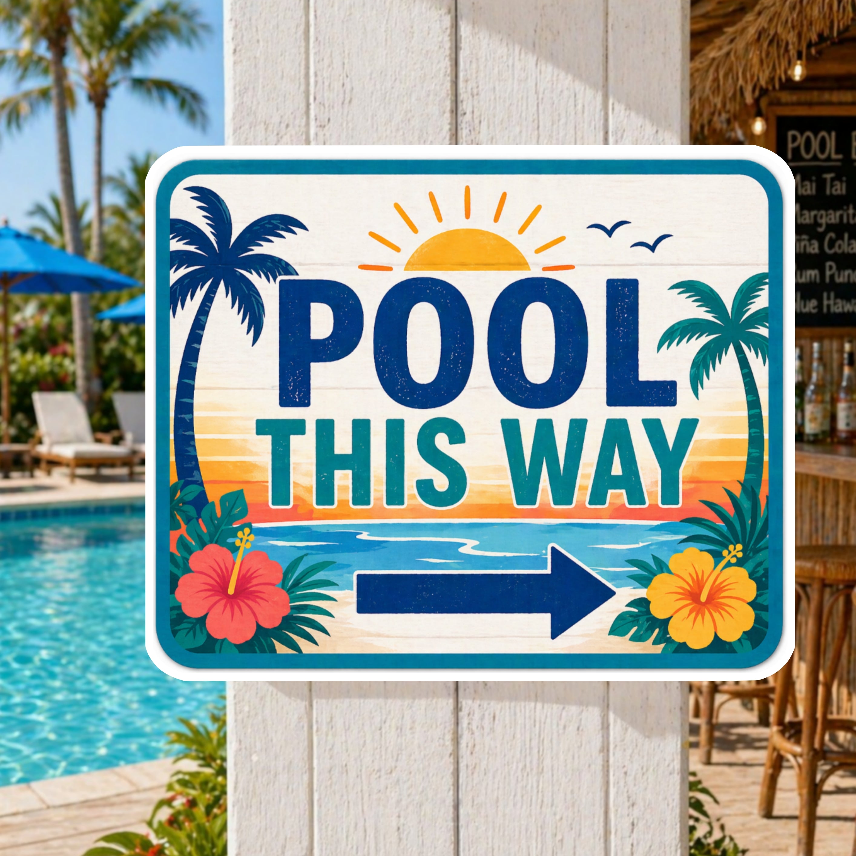 Pool This Way Sign | 13x19 Laminated Tropical Pool Decor | Palm Tree Poolside Summer Patio Wall Art