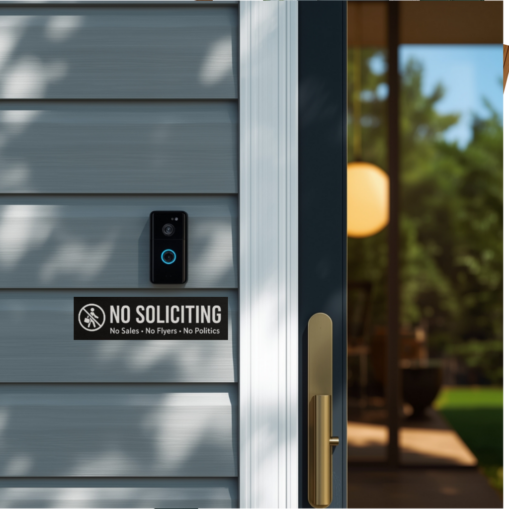 No Soliciting Sign Modern Door Sign  4x6in Laminated Aluminum Backing backing Home Security Warning Sign Minimalist Decor