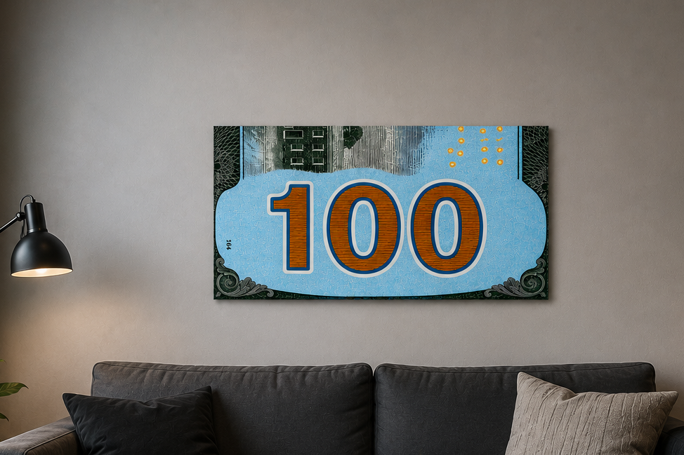 Turquoise 100 Dollar Bill Wall Art | Glossy 19x13 Money Print | Wooden Back Hanging Decor | Modern Office & Man Cave Wall Decor
