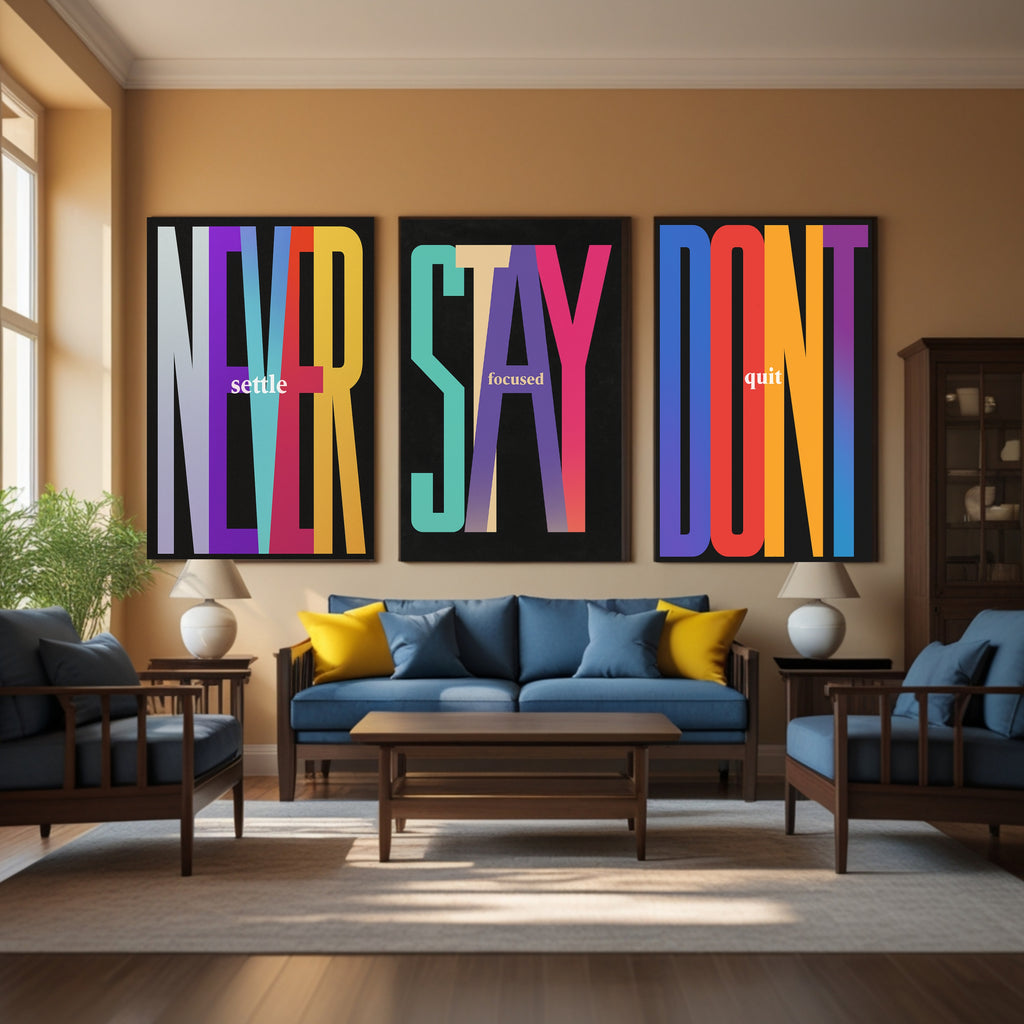 Never Settle Stay Focused Don’t Quit Wall Art Set Colorful Motivational Typography Prints 13x19 Laminated