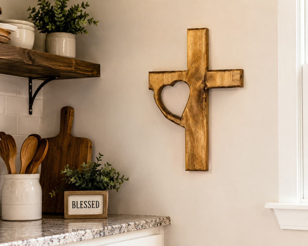 Handmade Wooden Cross Wall Decor with Heart Cutout | Rustic Christian Wall Art | Luxury Farmhouse Faith Decor 12x18