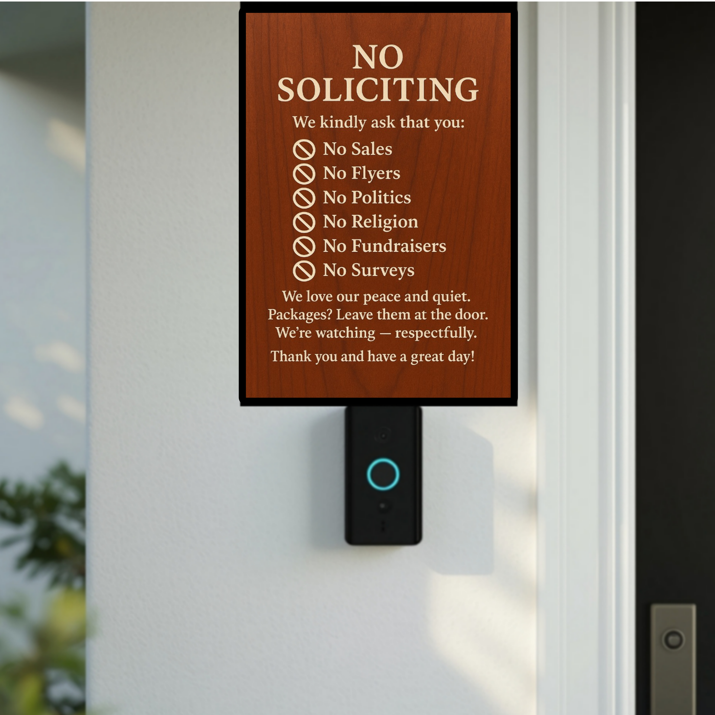 Elegant No Soliciting Sign – Polite Door Sign with Rules – 13x19 Laminated Front Door Notice – No Sales No Flyers No Politics