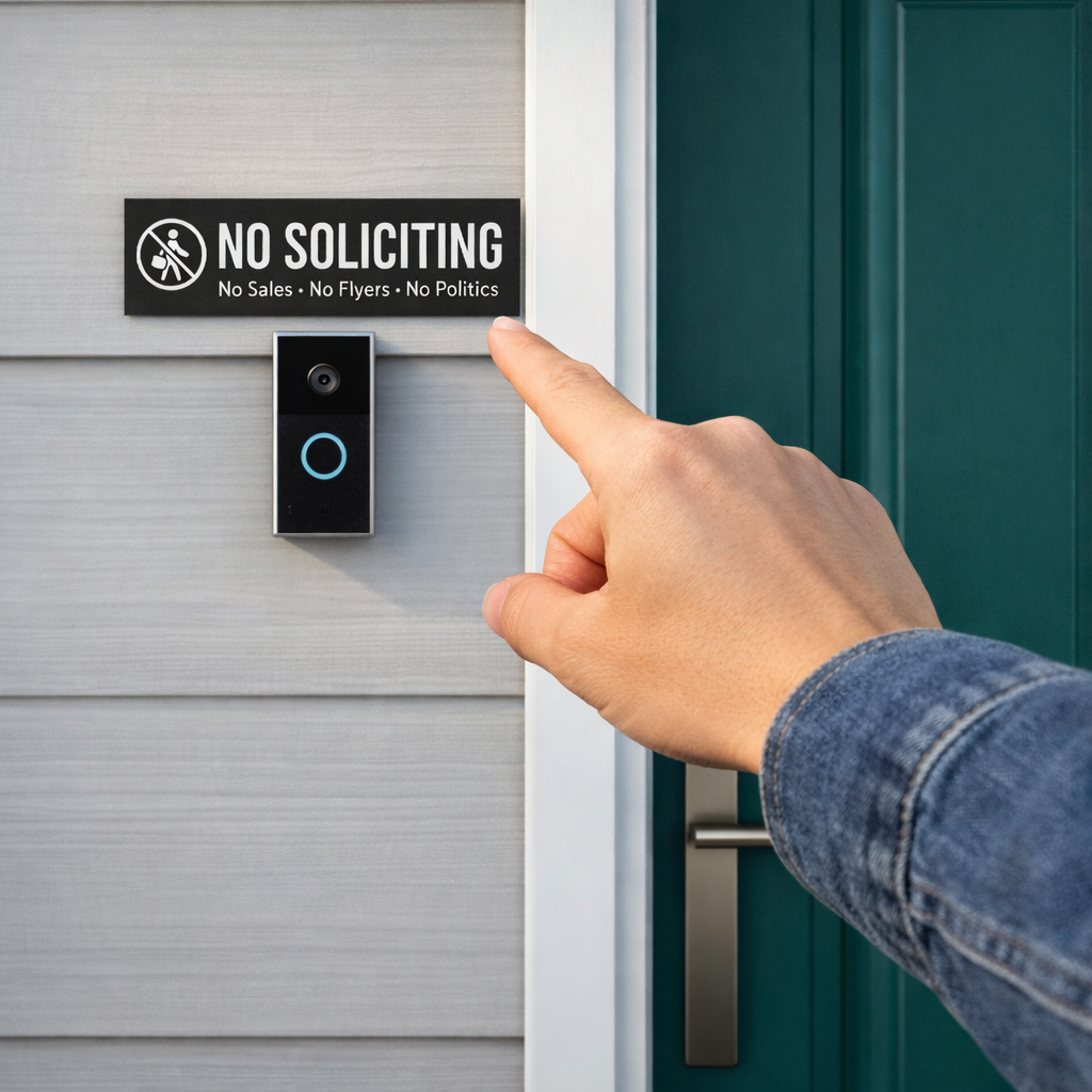 No Soliciting Sign Modern Door Sign  4x6in Laminated Aluminum Backing backing Home Security Warning Sign Minimalist Decor