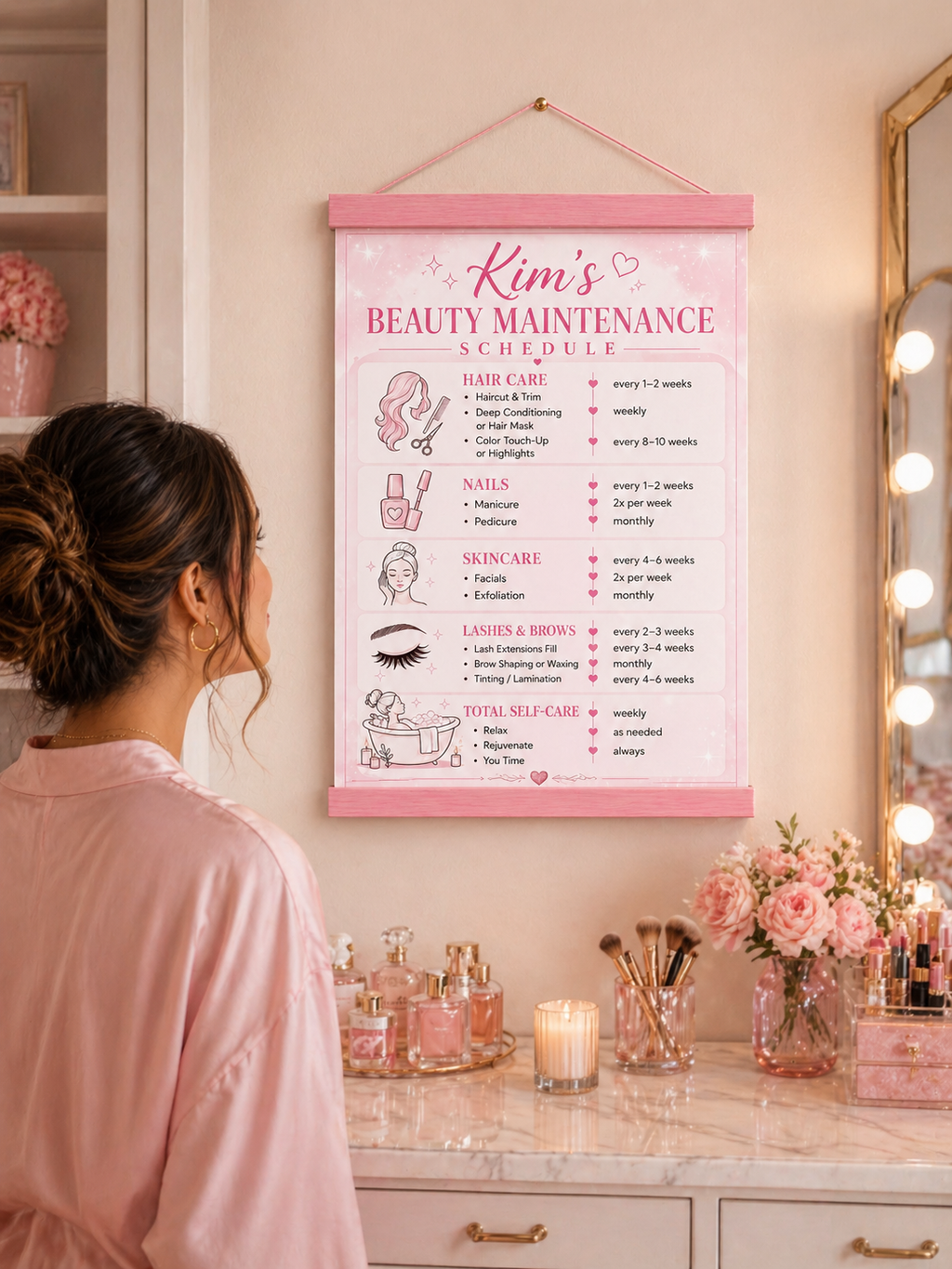 Personalized Beauty Maintenance Schedule Sign | Pink Self Care Wall Decor | Custom Beauty Routine Poster | Girly Bathroom Decor | Laminated Print