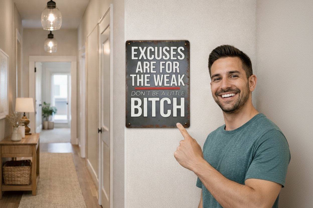 Motivational Tough Love Sign – “Excuses Are For The Weak” Wall Art | Bold Hustle Mindset Decor (13x19)