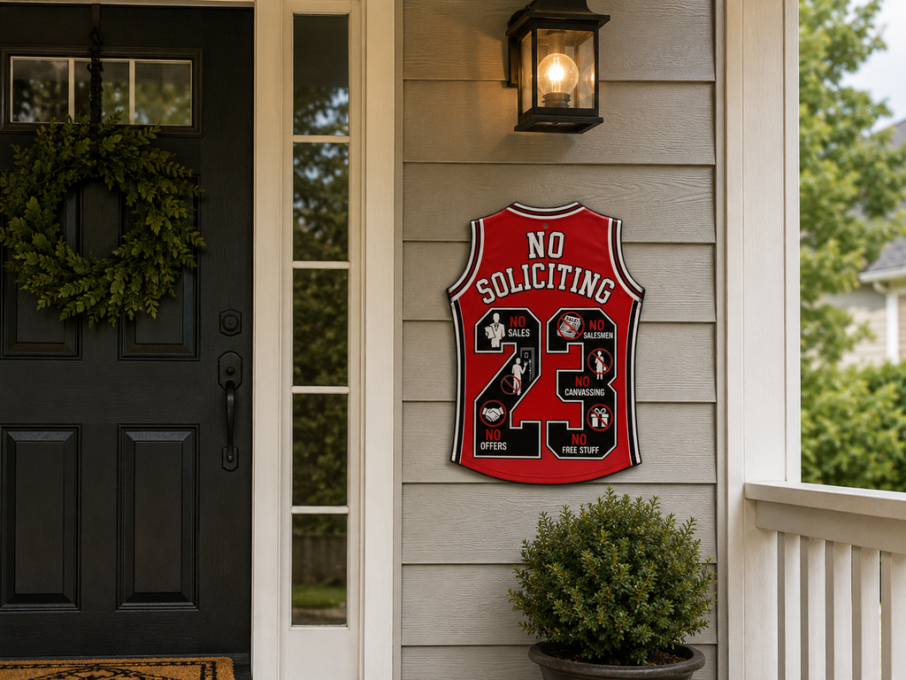 No Soliciting Jersey Sign 19x13in | Laminated Wooden Door Sign | Weather Sealed Sports Style Wall Decor | Cut Out Jersey Sign