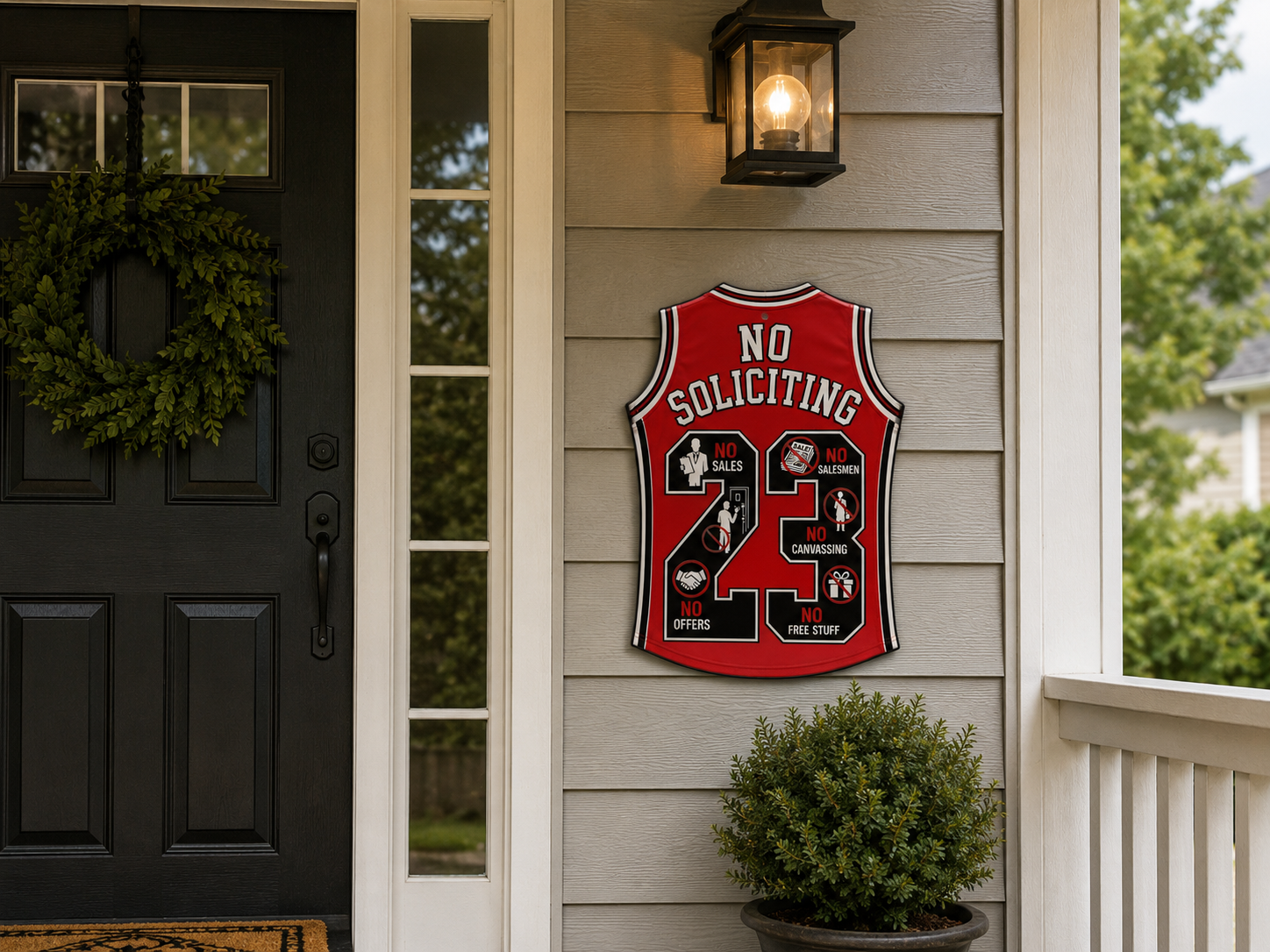 No Soliciting Jersey Sign 19x13in | Laminated Wooden Door Sign | Weather Sealed Sports Style Wall Decor | Cut Out Jersey Sign