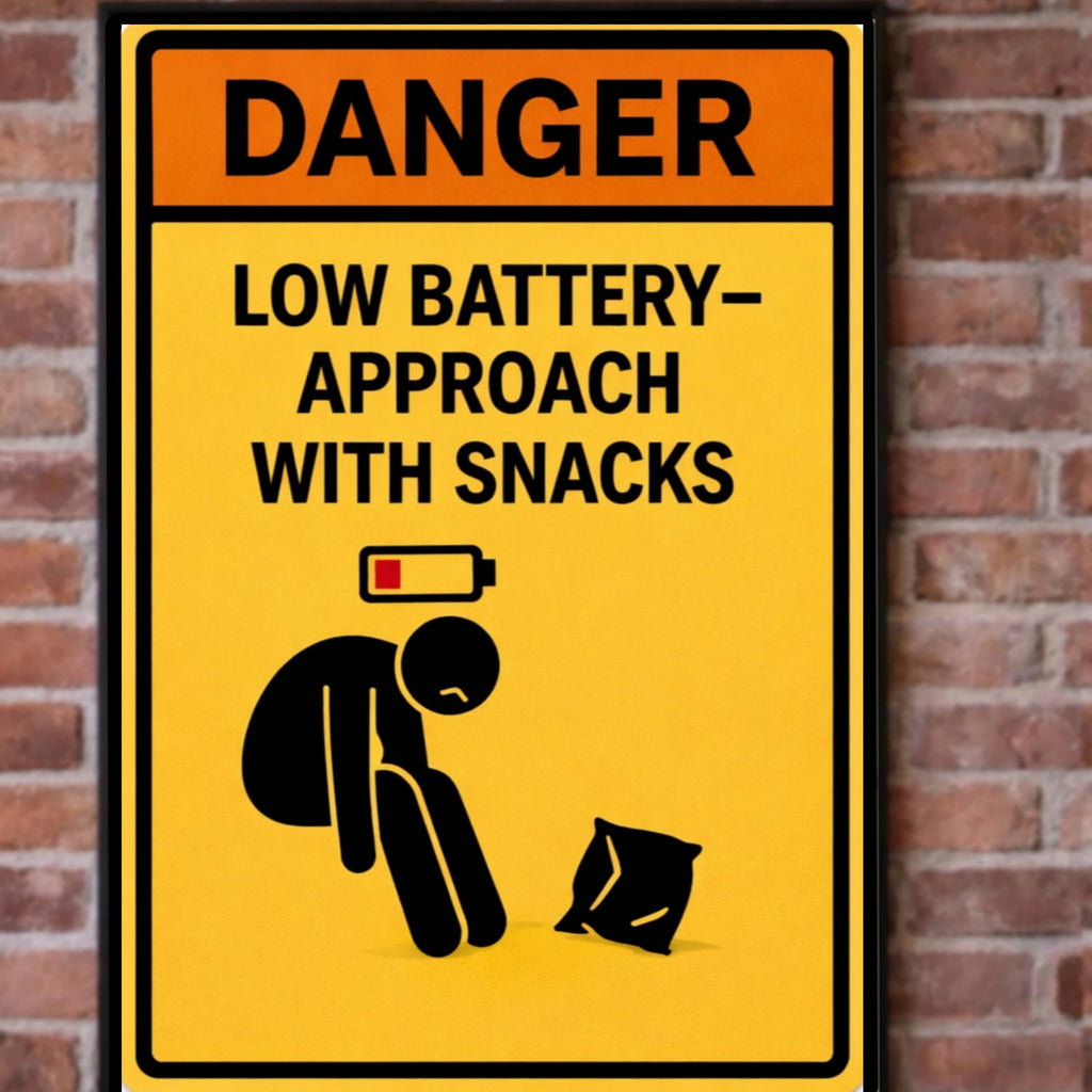 Funny Low Battery Warning Sign Approach With Snacks Humor Door Sign 13x19 Laminated Weather Sealed Wall Art