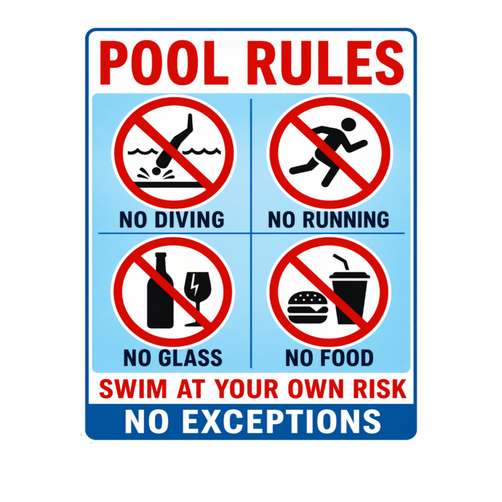 Pool Rules Sign No Diving No Running 13x19 Laminated Pool Safety Sign Backyard Pool Decor No Glass No Food Sign
