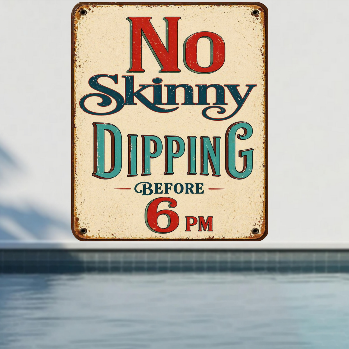 No Skinny Dipping Before 6PM Funny Pool Sign 13x19 Laminated Vintage Pool Decor Retro Backyard Pool Party Sign