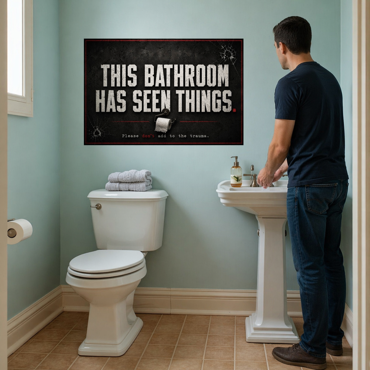 This Bathroom Has Seen Things Funny Bathroom Sign 13x19 Laminated Dark Humor Restroom Decor Gothic Bathroom Wall Art