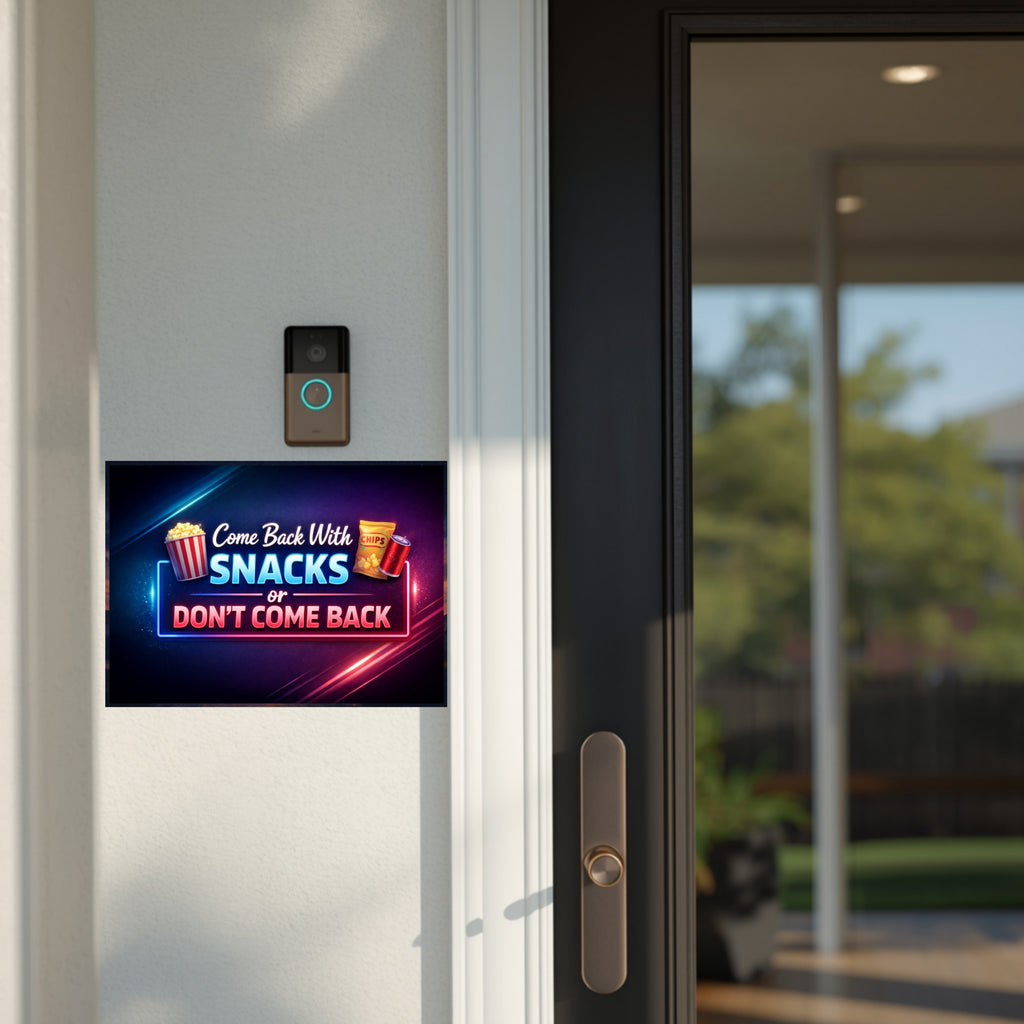Funny No Soliciting Sign – “Come Back With Snacks or Don’t Come Back” | Do Not Knock Door Sign | Humorous Entryway Decor