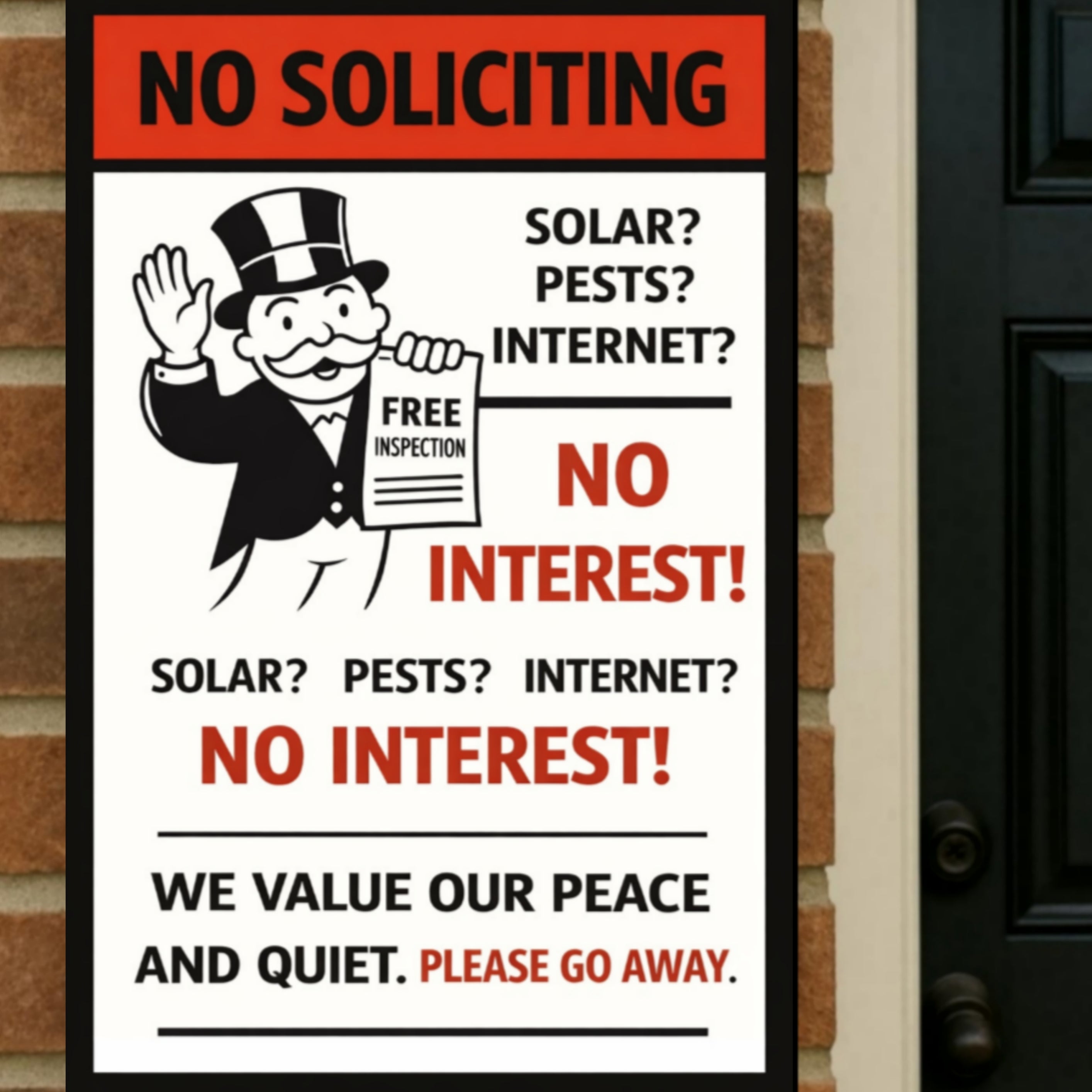 No Soliciting Sign No Interest We Value Our Peace And Quiet 13x19 Laminated Door Sign Funny No Salesmen Sign Home Decor