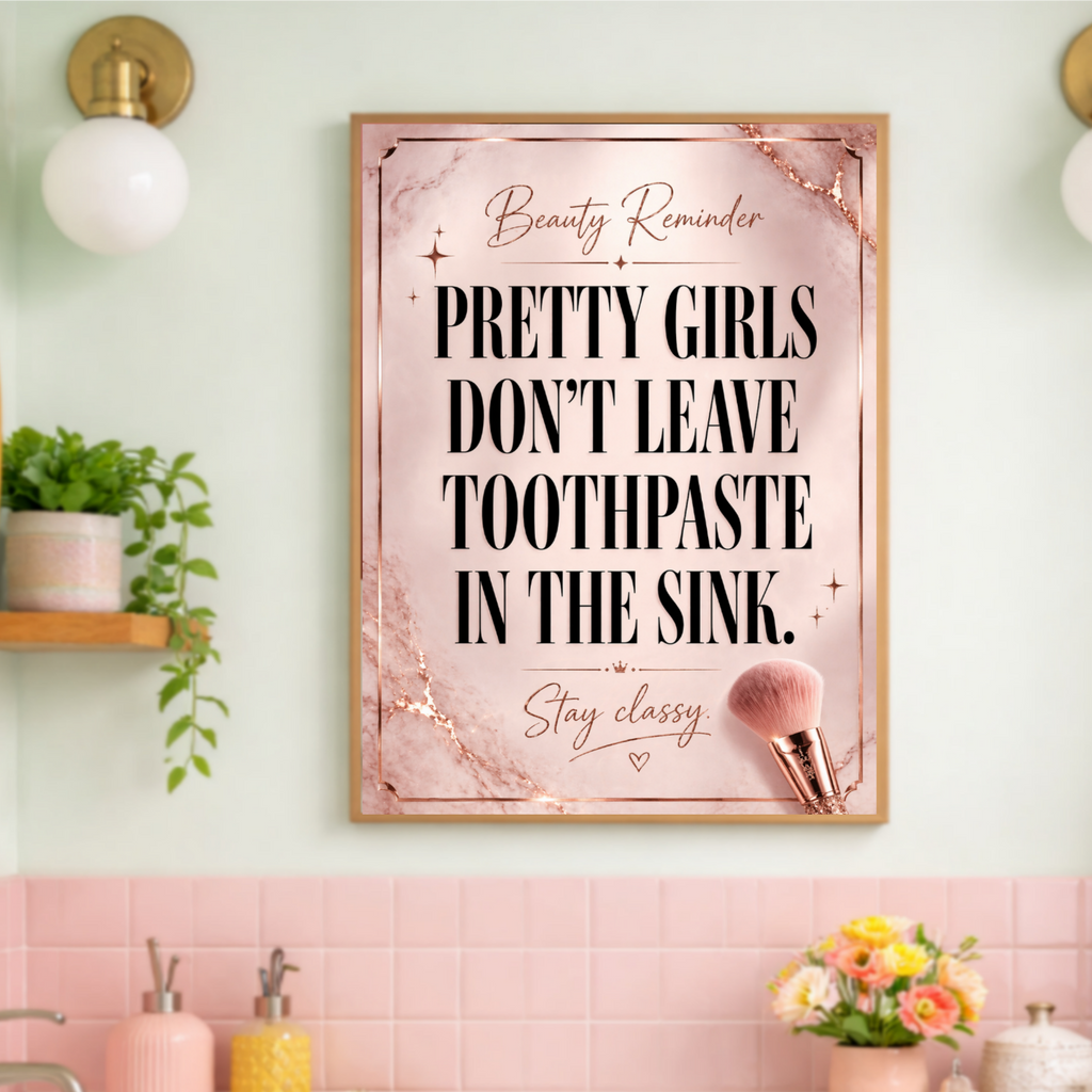 Pretty Girls Don’t Leave Toothpaste In The Sink Bathroom Sign 13x19 Laminated Girly Bathroom Decor Funny Beauty Wall Art