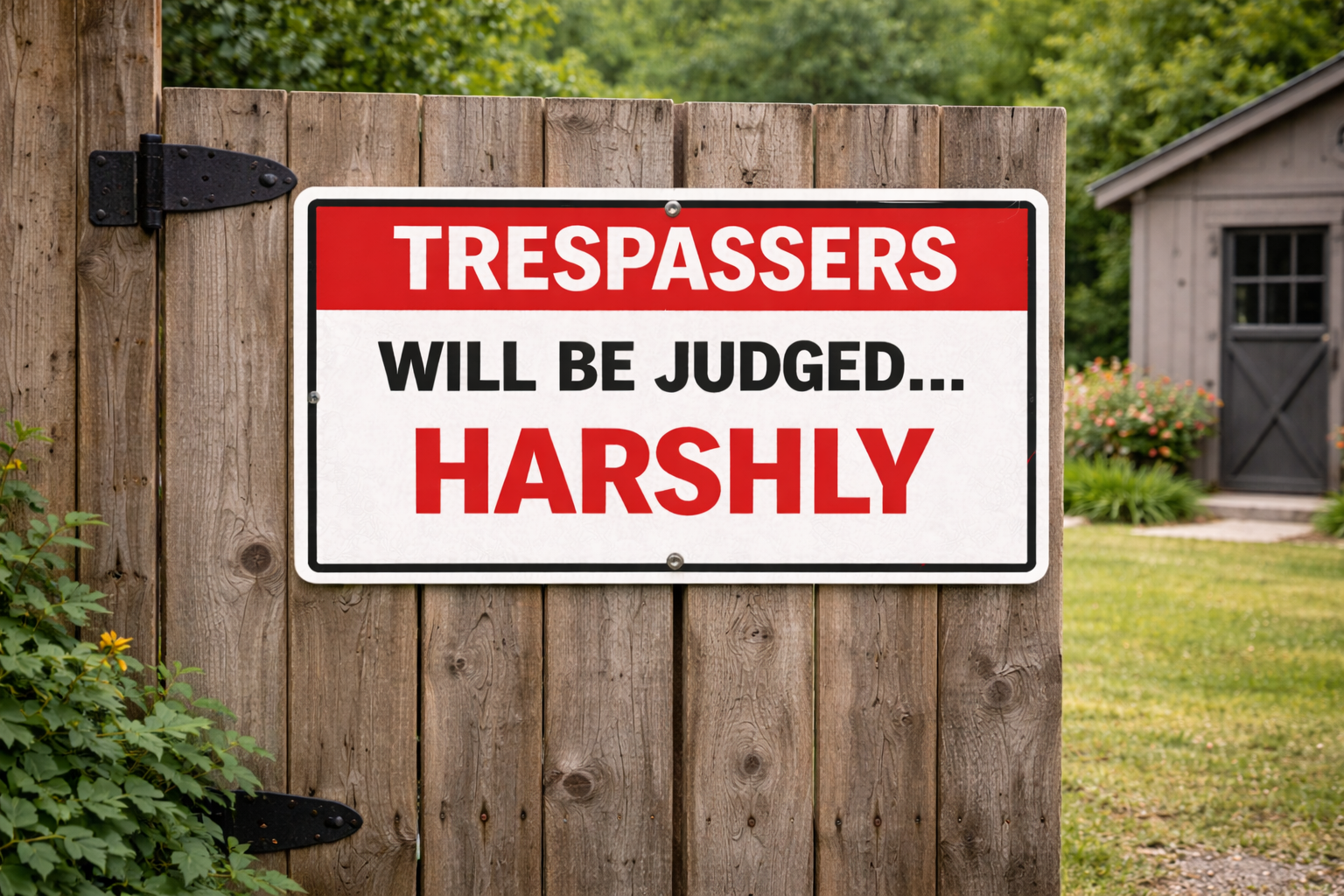 Trespassers Will Be Judged… Harshly Sign – 13x19 Laminated Warning Sign | Funny No Trespassing Sign | Fence, Gate, or Property Sign