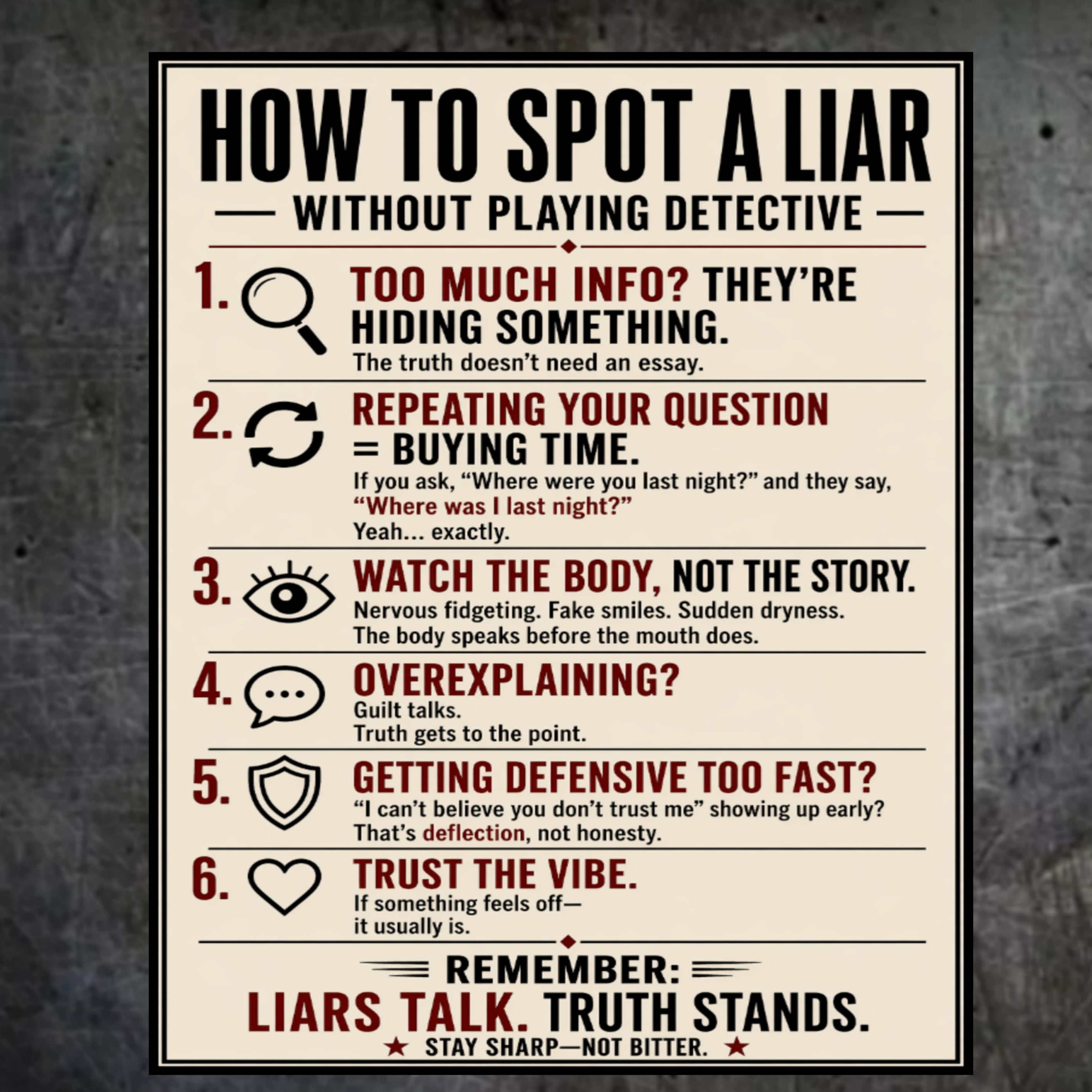 How To Spot A Liar Sign 13x19 Laminated Educational Poster Body Language Truth Detection Psychology Wall Art Mindset Sign