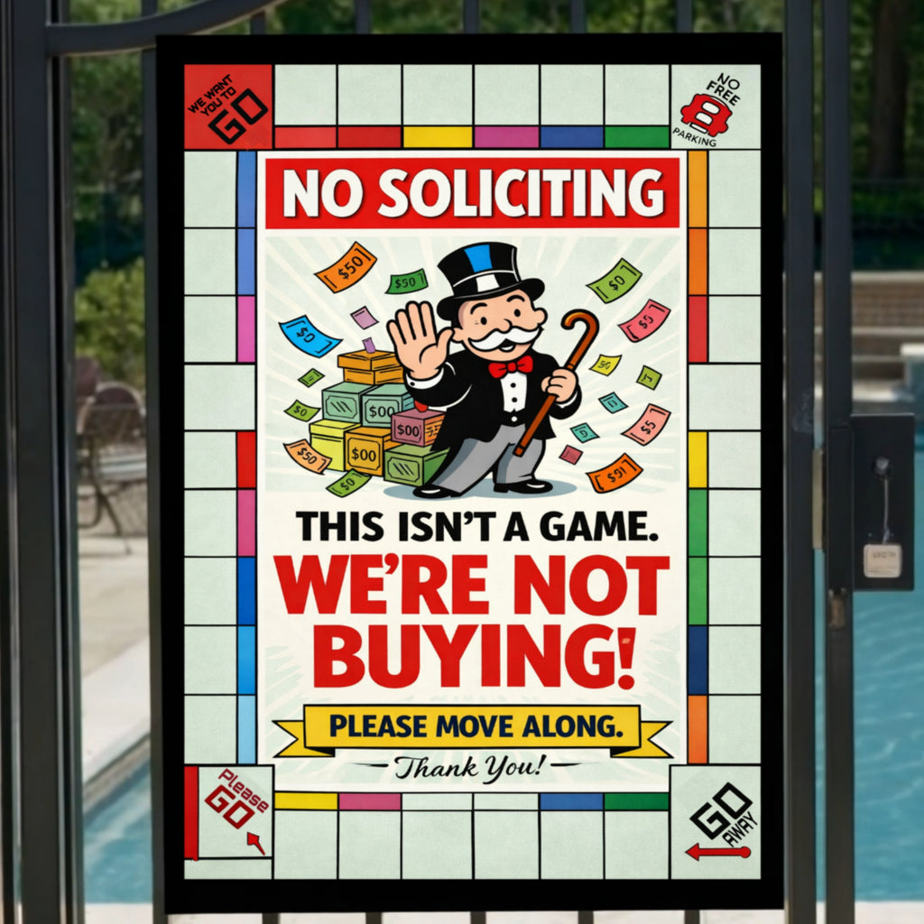 No Soliciting Monopoly Sign We’re Not Buying Please Move Along 13x19 Laminated Funny Door Sign No Salesmen Home Security Decor