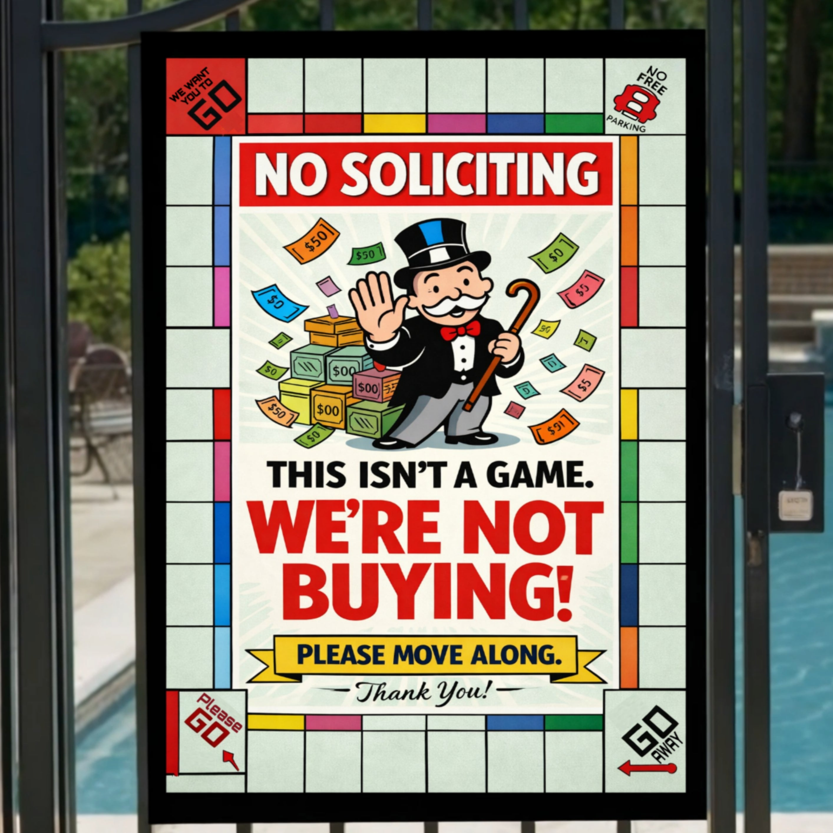No Soliciting Monopoly Sign We’re Not Buying Please Move Along 13x19 Laminated Funny Door Sign No Salesmen Home Security Decor