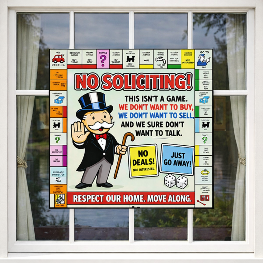 Funny No Soliciting Monopoly Style Sign We Don’t Want To Buy Or Sell 12x12in Laminated Door Sign Home Protection Decor