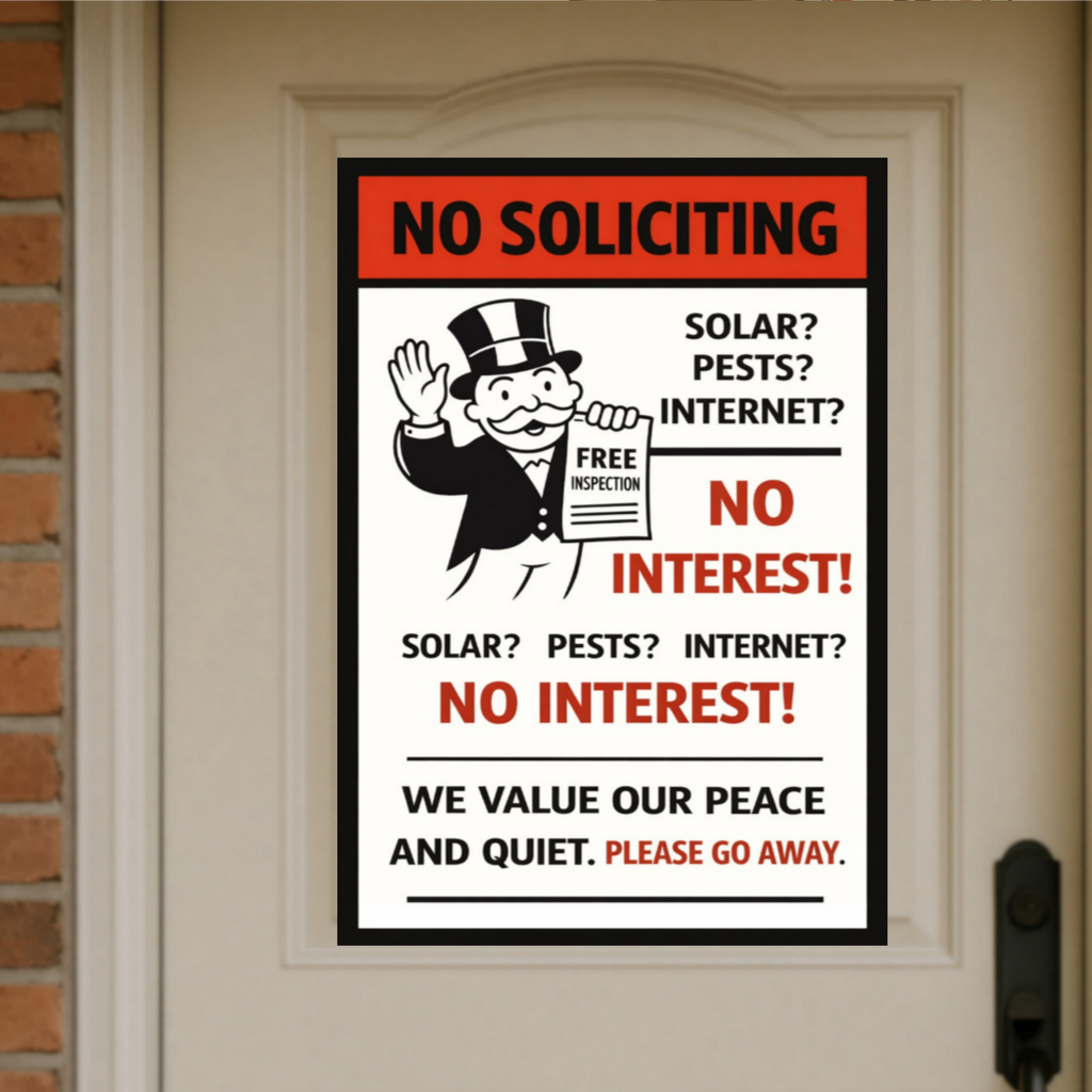 No Soliciting Sign No Interest We Value Our Peace And Quiet 13x19 Laminated Door Sign Funny No Salesmen Sign Home Decor