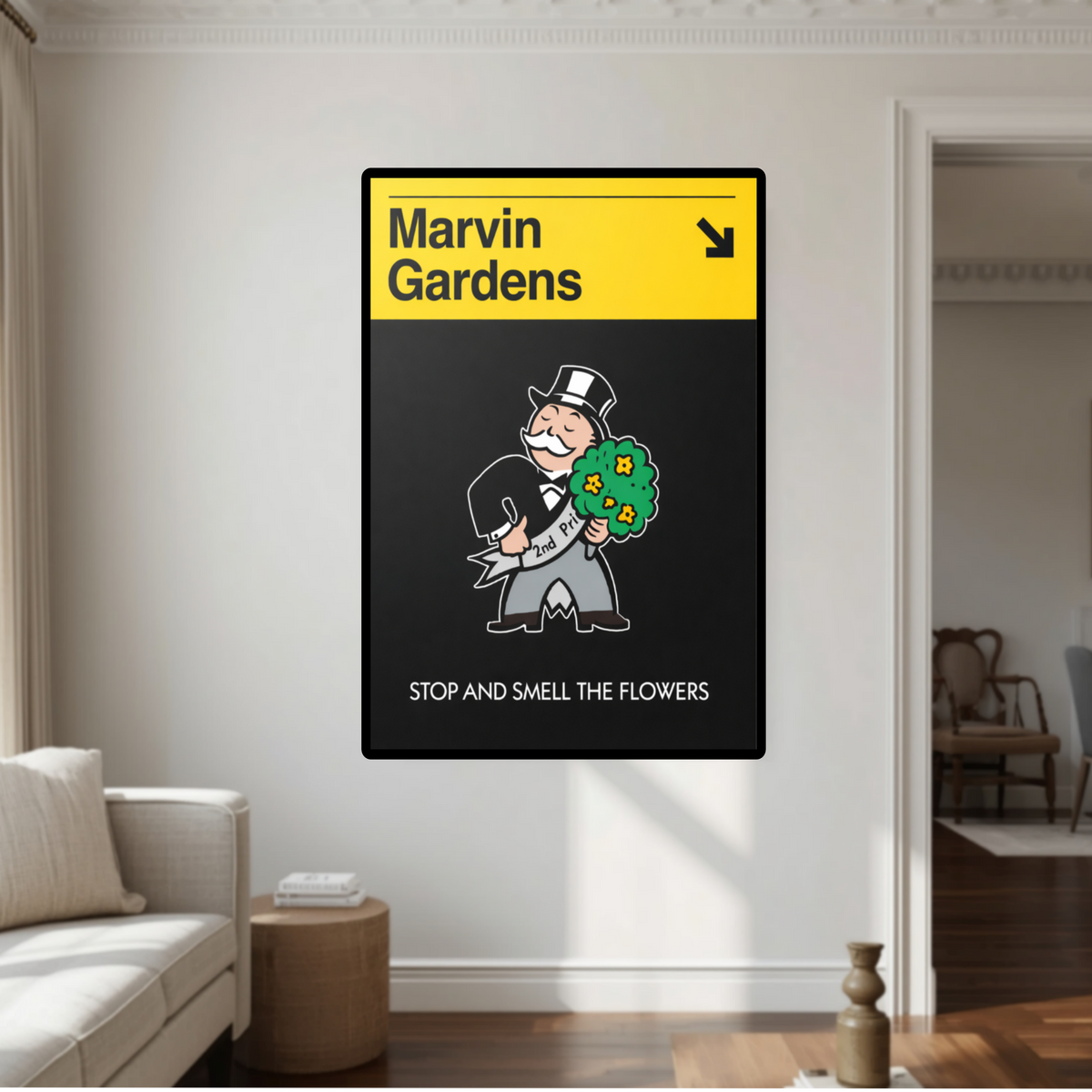 Marvin Gardens Monopoly Inspired Wall Art – Stop and Smell the Flowers Sign | Motivational Vintage Board Game Decor 13x19in Laminated or Framed